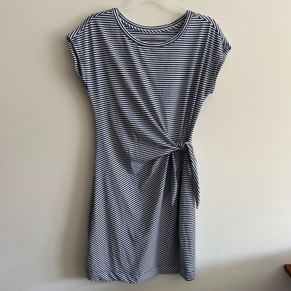Vineyard Vines Active Dress Navy White Small Striped Side Tie Cap Sleeve
